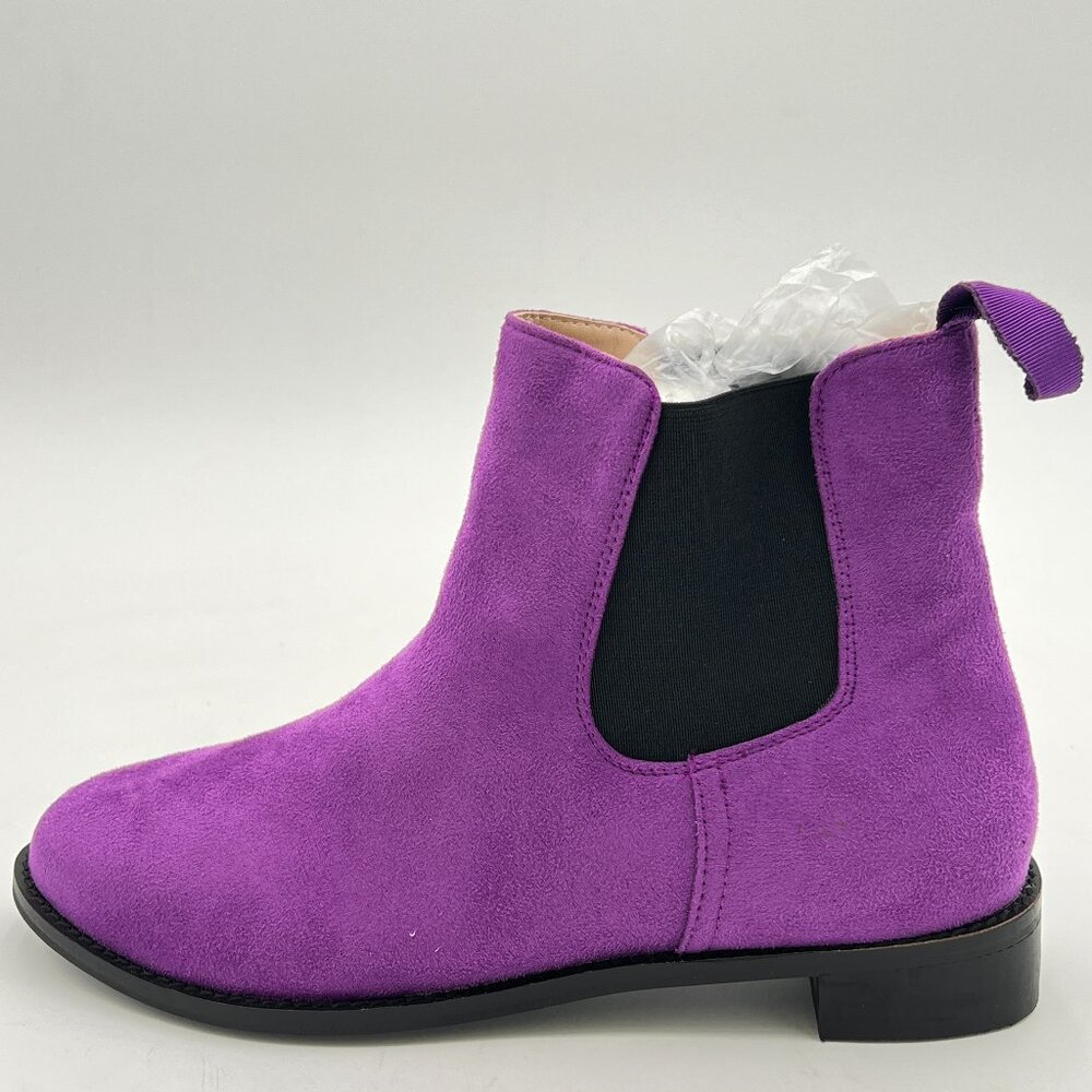 Women Round Toe Chelsea Boot Elastic Pull On Chunky Low Heeled Flat Ankle Bootie